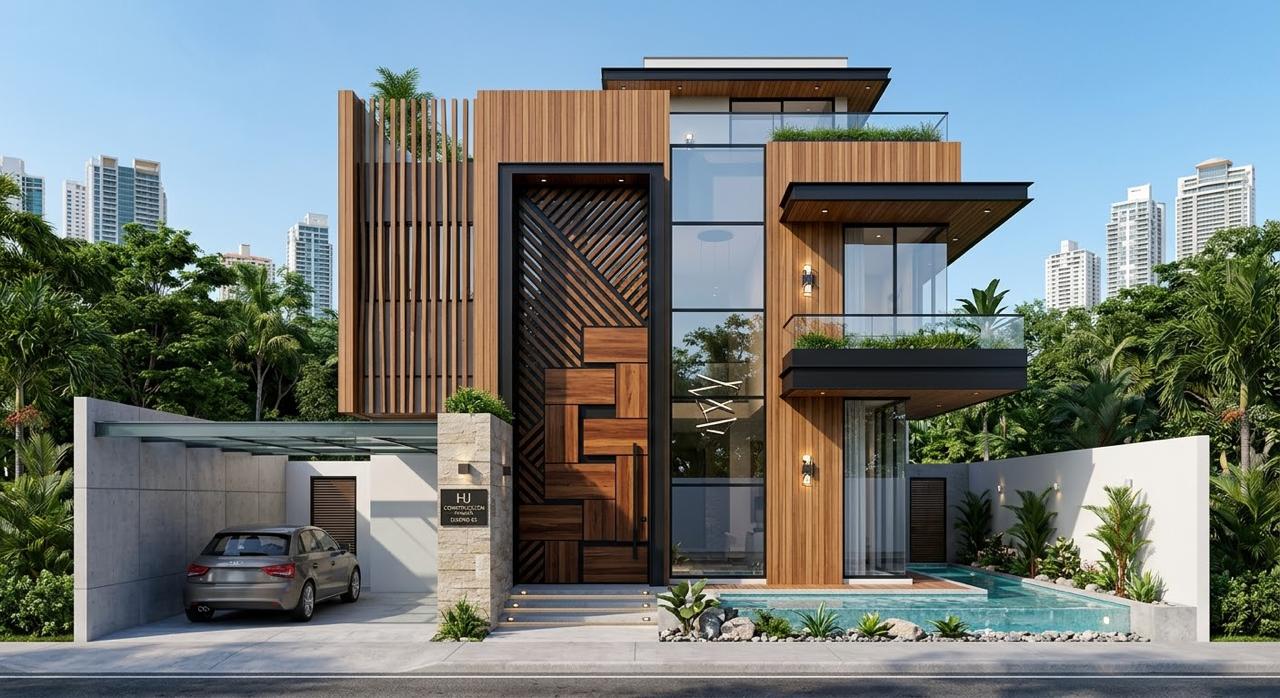 Residencia de lujo con fachada de madera y grandes ventanales