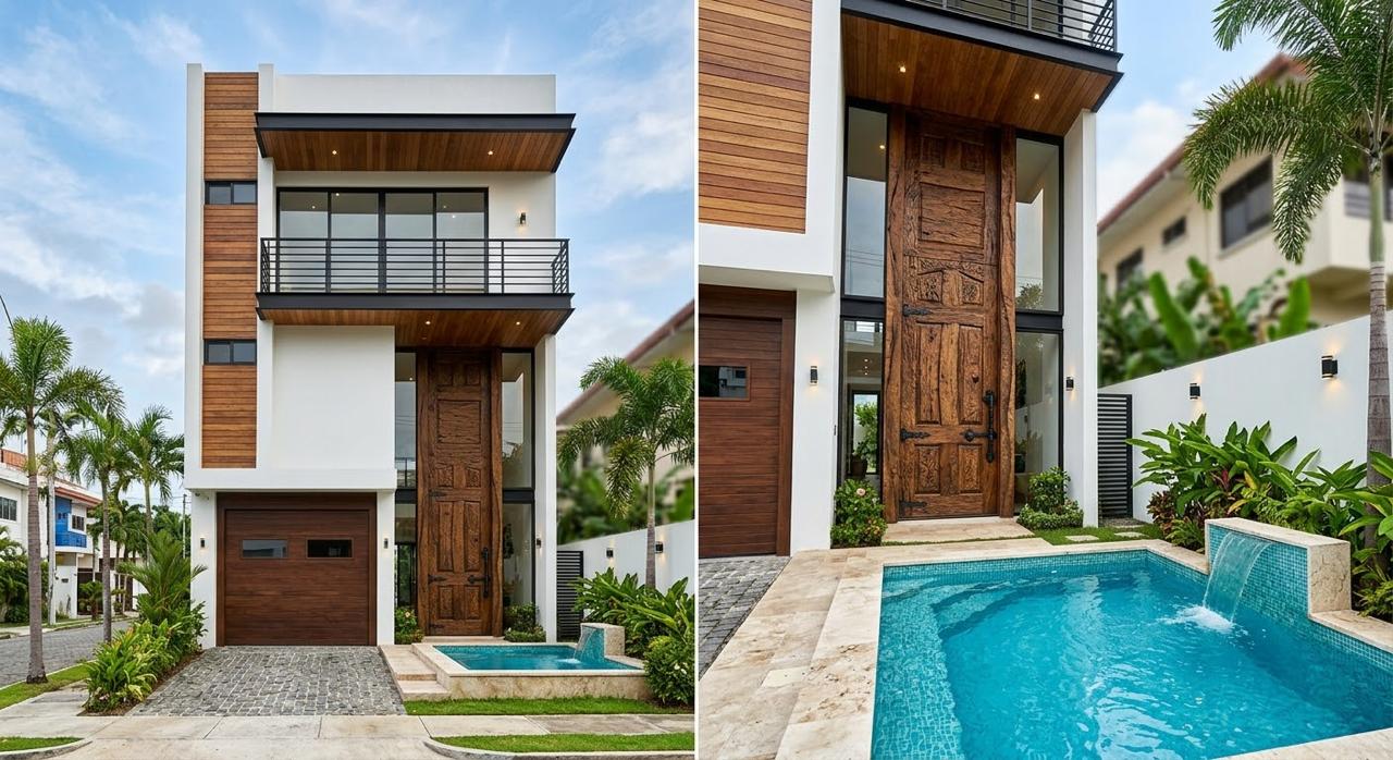 Vivienda moderna de dos pisos con puerta de madera rústica y piscina