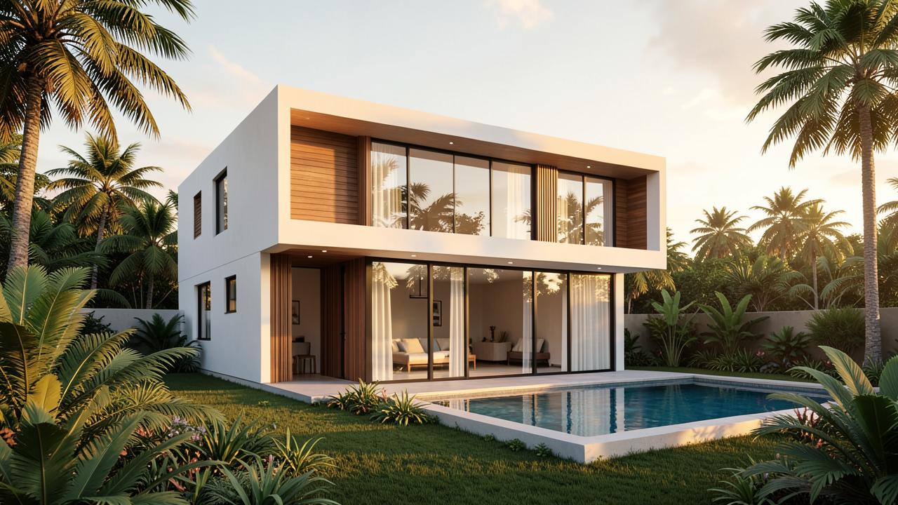 Render de residencia contemporánea con piscina al atardecer